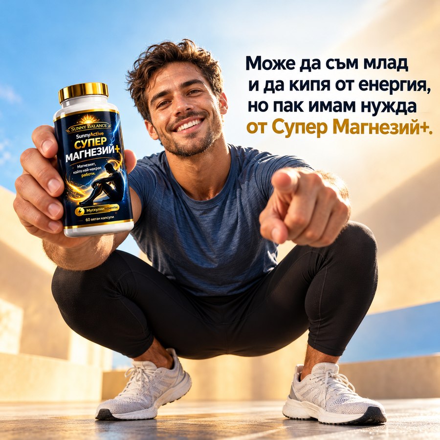 Млад мъж клекнал, държи Супер Магнезий+